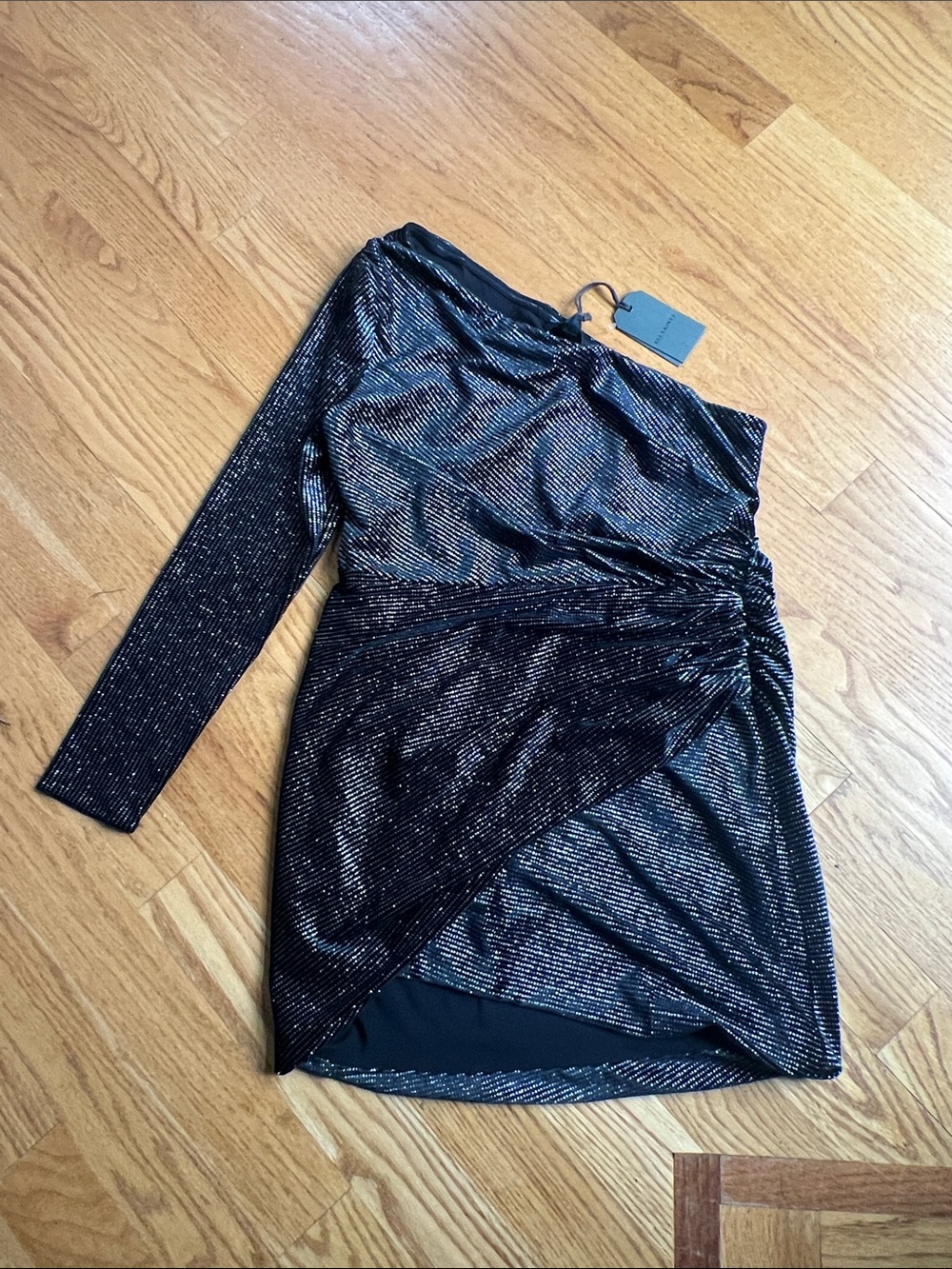AllSaints Black Metallic One-Shoulder Ruched Holiday Mini Dress NWT 16